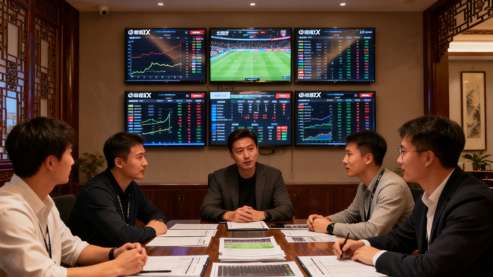 爱游戏AYX体育平台核心团队在中式现代化办公室内围坐讨论赛事数据产品迭代，墙上挂着多块实时数据屏幕。